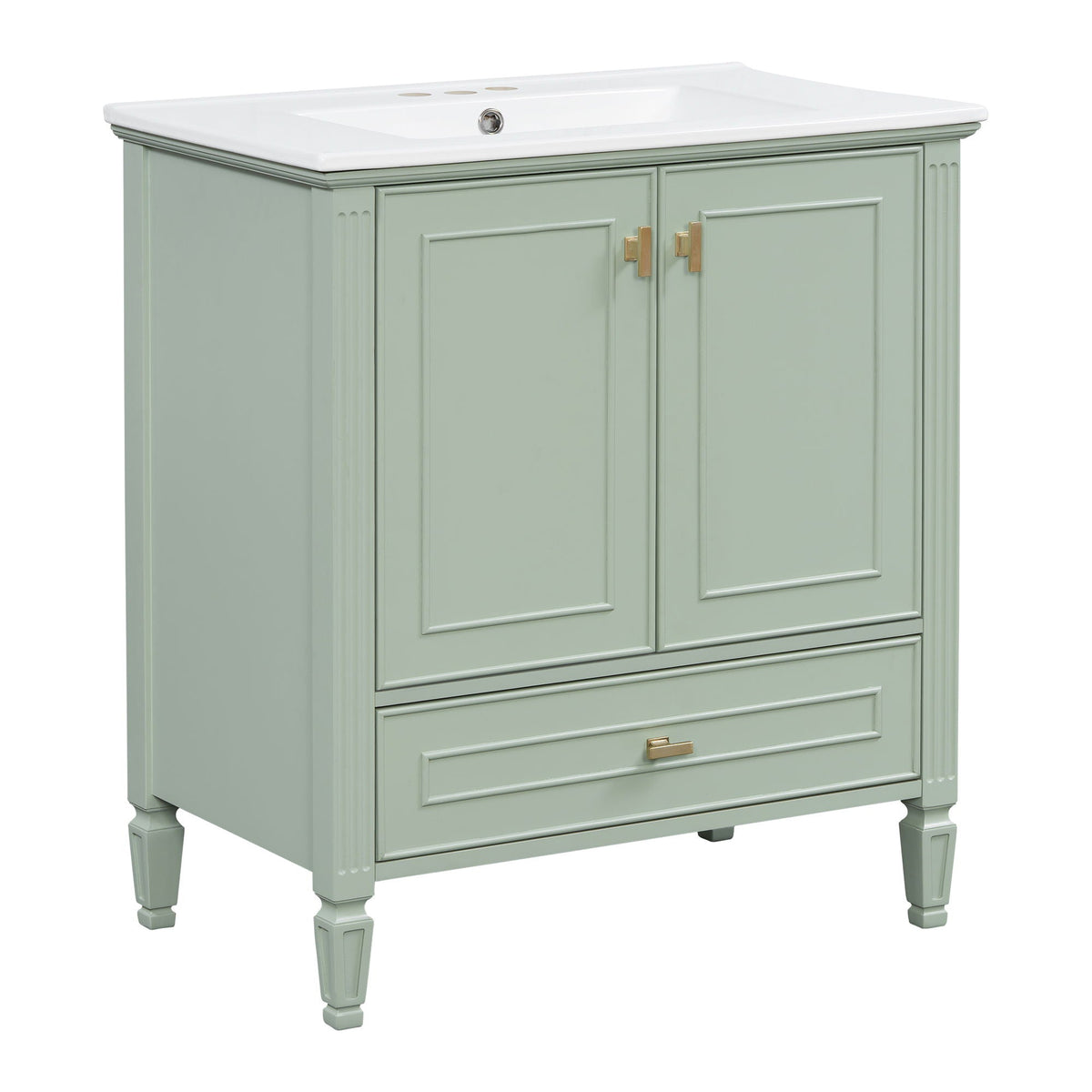 Freestanding vanity in green with white top, brass hardware, 2 doors and bottom drawer, legs on Tampa Home & Garden Store
