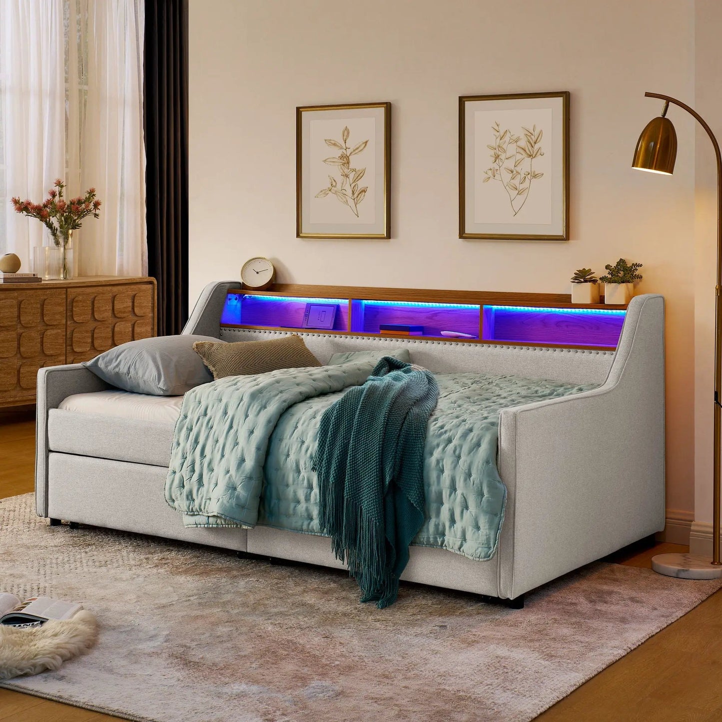 Twin beige upholstered storage bed with under-bed drawers and blue LED lighting on Tampa Home & Garden Store