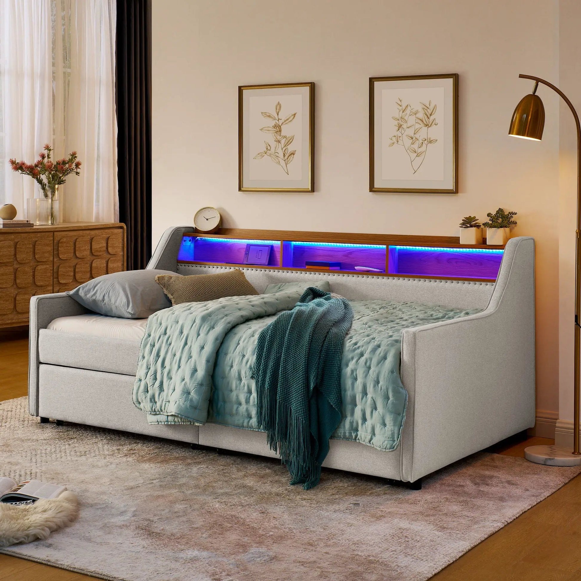 Twin beige upholstered storage bed with under-bed drawers and blue LED lighting on Tampa Home & Garden Store