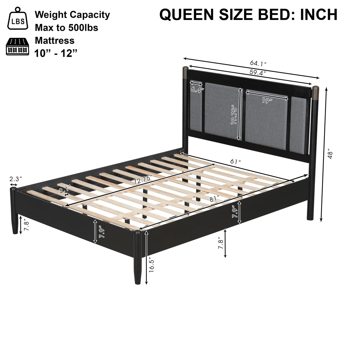 Solid wood queen bed frame HouseOfZazla with 500 lb support black finish on Tampa Home & Garden Store
