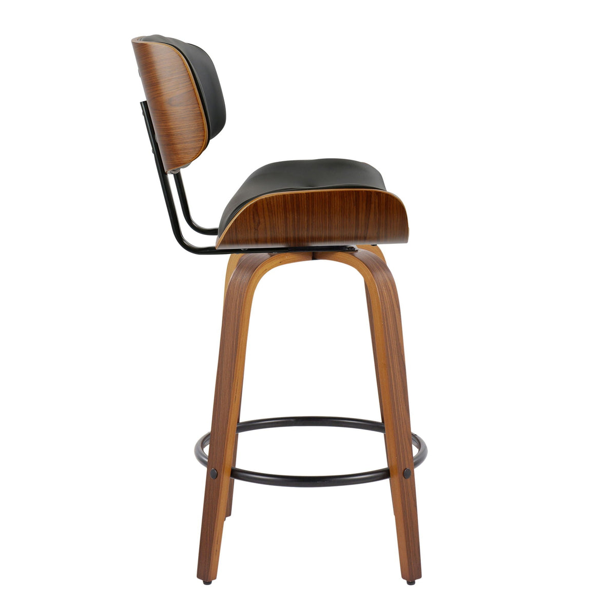 Mid-Century Modern counter stool with swivel and footrest, black padded seat, wood veneer back on Tampa Home & Garden Store