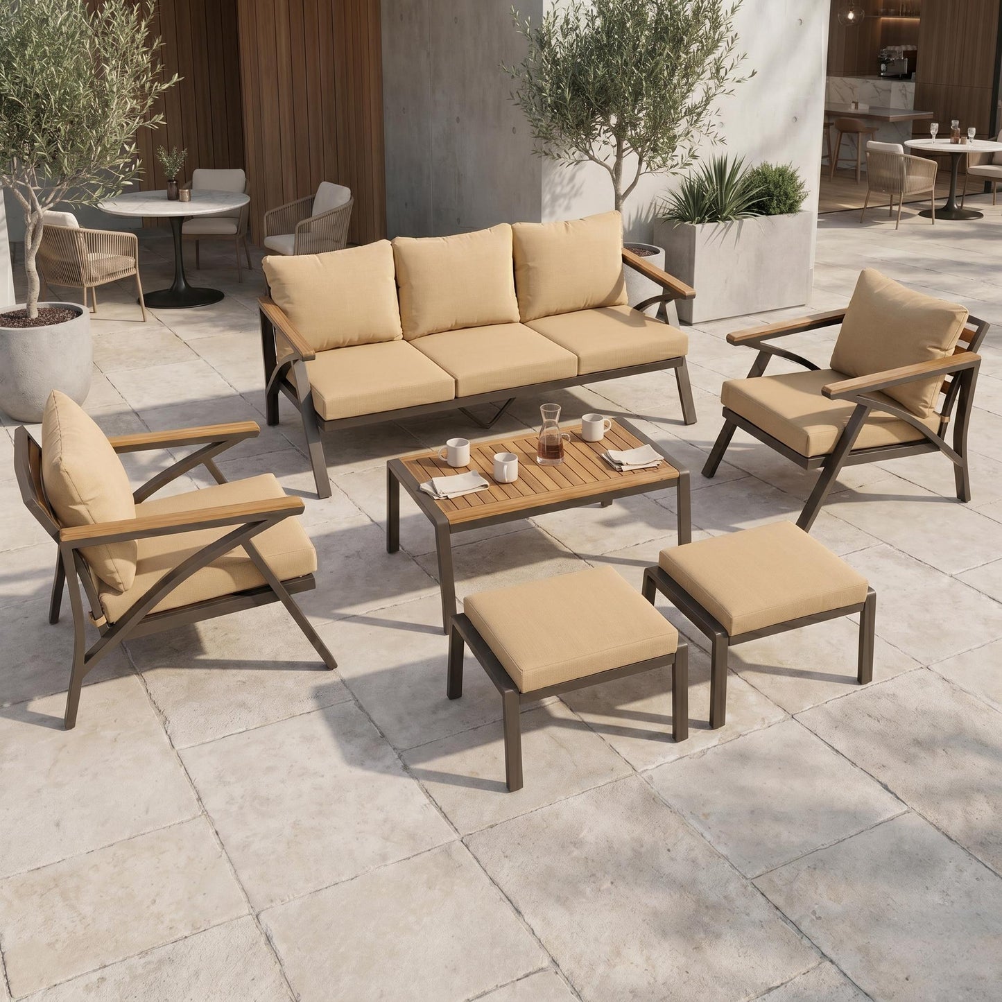 6-Piece outdoor patio furniture set with steel-frame sofa and acacia wood table, beige cushions on Tampa Home & Garden Store