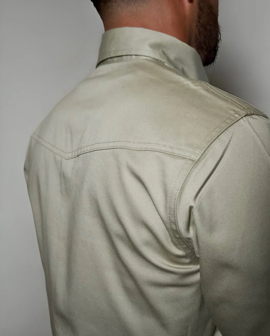 FR Western Style Pearl Snap Shirt, khaki, by Static FR, back view on Tampa Home & Garden Store