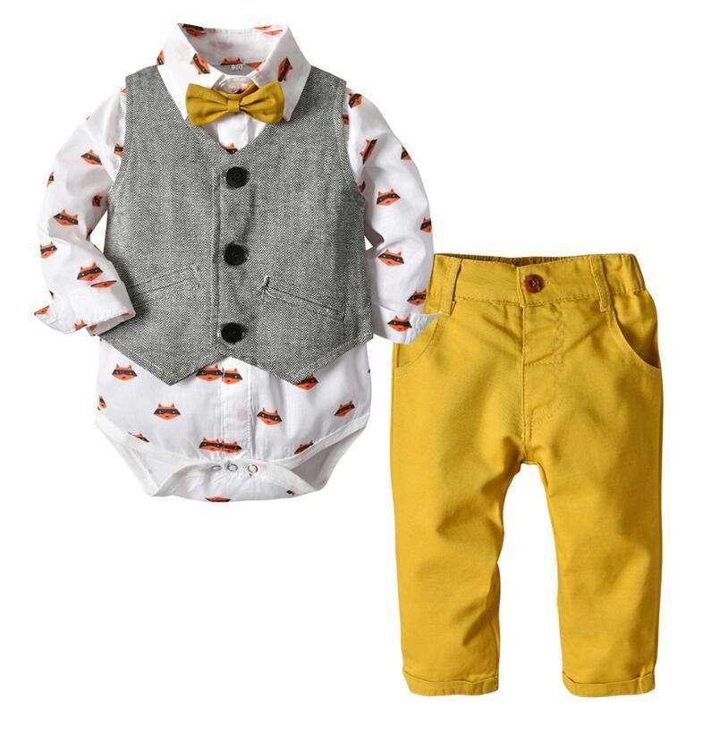 Stevvex baby boy formal romper set with grey vest, yellow bow and mustard pants on Tampa Home & Garden Store