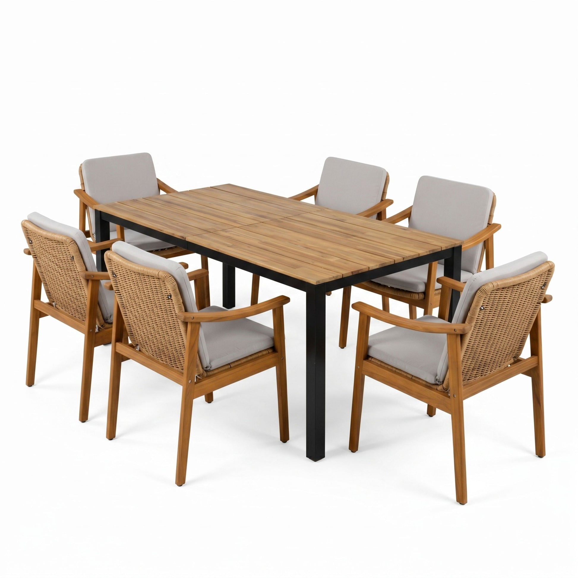 7-Piece Outdoor Dining Set with slatted wood table and six cushioned wicker chairs on Tampa Home & Garden Store