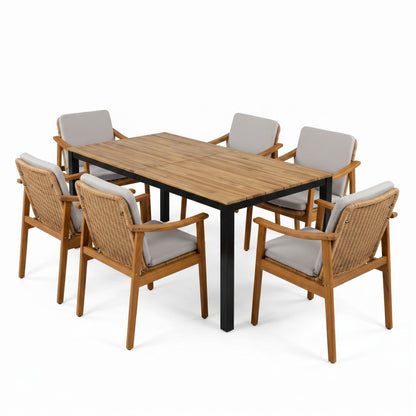 7-Piece Outdoor Dining Set with slatted wood table and six cushioned wicker chairs on Tampa Home & Garden Store