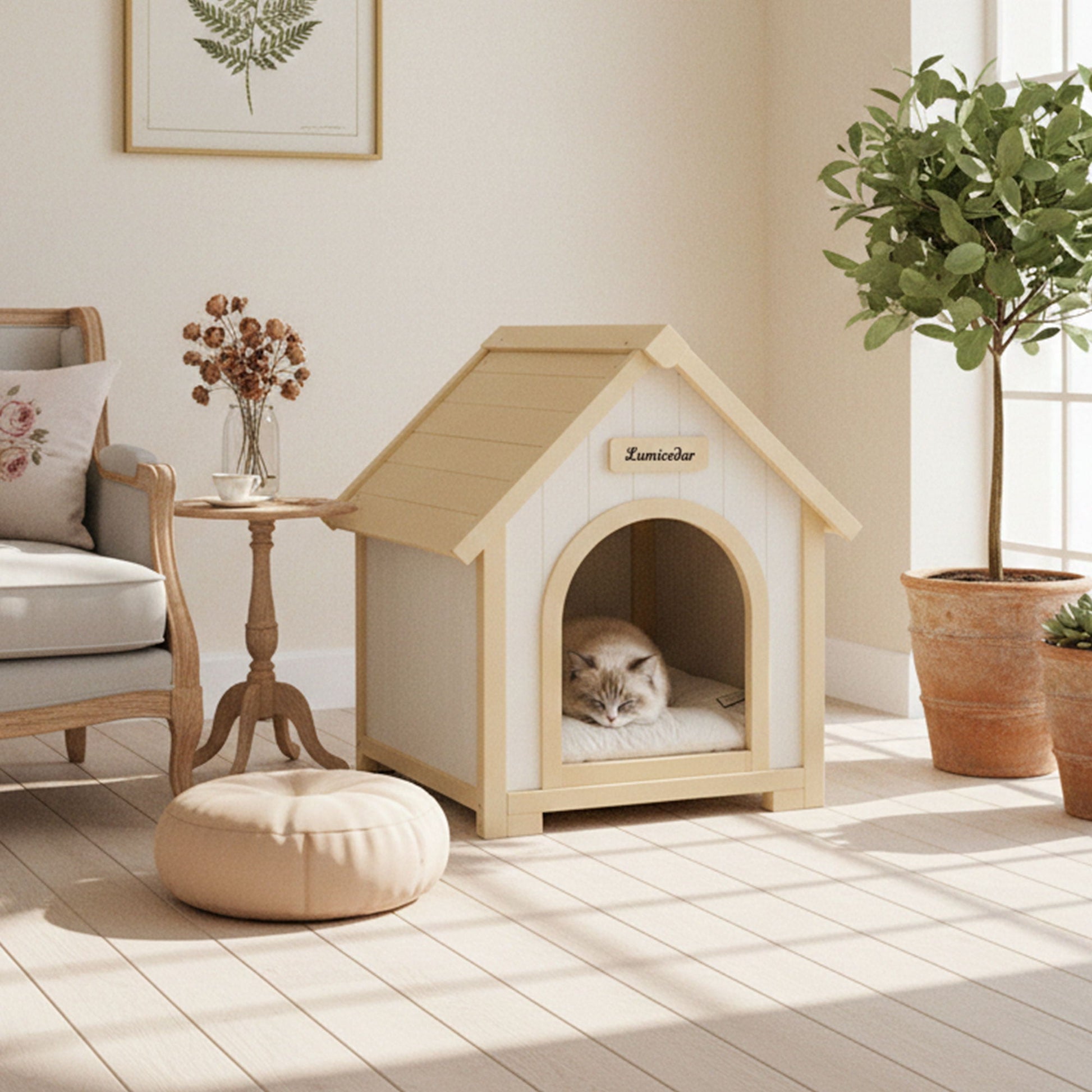 Indoor Dog House with Cushion by HouseOfZazla creamy white and light yellow for small dogs on Tampa Home & Garden Store