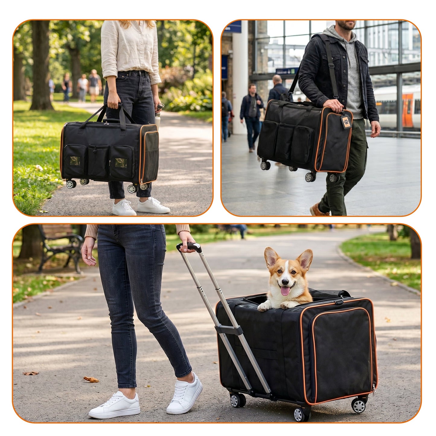 HouseOfZazla 2 in 1 Large Cat Carrier for 2 Cats black with orange trim and rolling wheels on Tampa Home & Garden Store