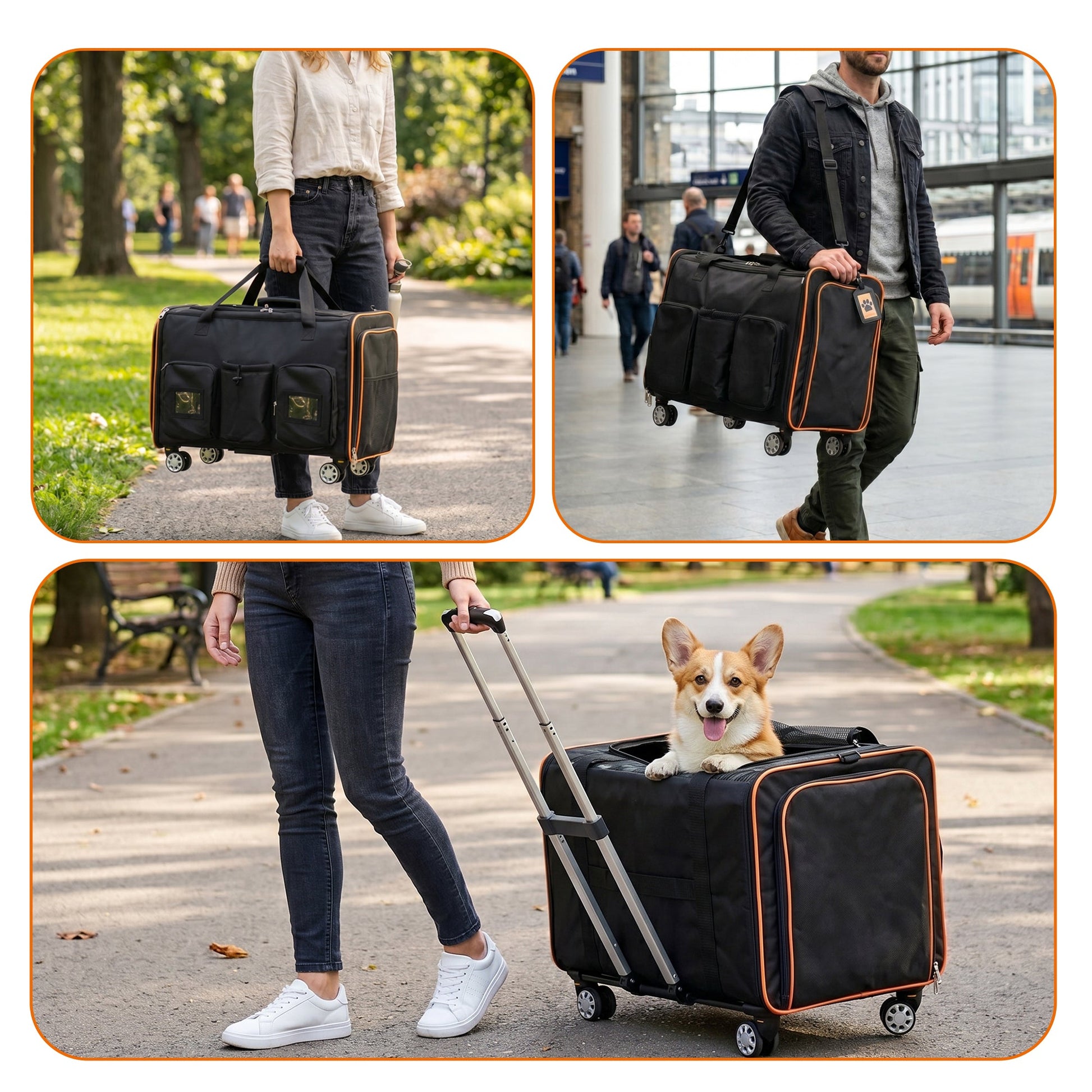 HouseOfZazla 2 in 1 Large Cat Carrier for 2 Cats black with orange trim and rolling wheels on Tampa Home & Garden Store
