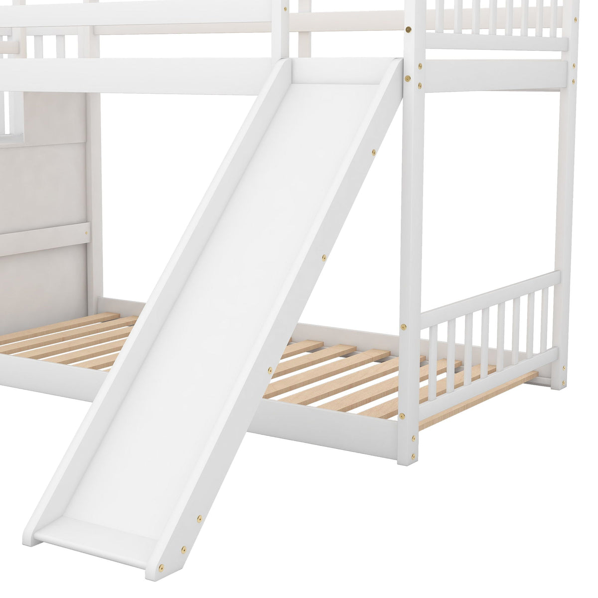 Bunk Bed With Convertible Slide And Stairway, white frame with side slide and slatted base on Tampa Home & Garden Store