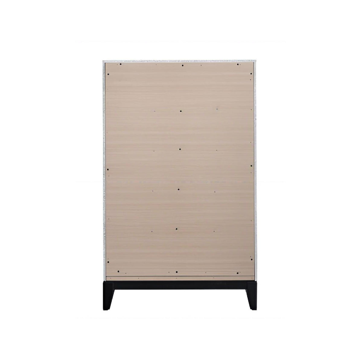5-drawer dovetail accent chest in gray and white, back view with metal trim and black legs on Tampa Home & Garden Store