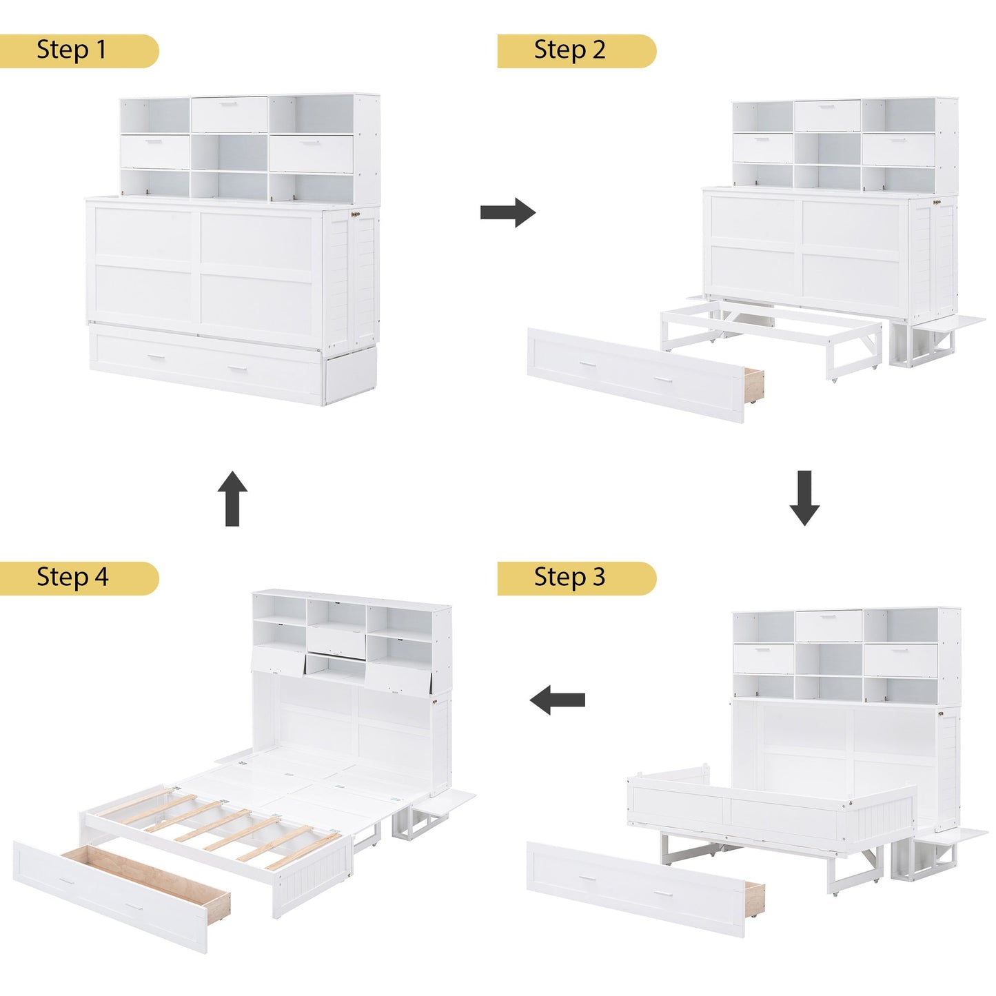 ueen Size Murphy Bed with Bookcase, Bedside Shelves and a Big Drawer, White - Tampa Home & Garden Store