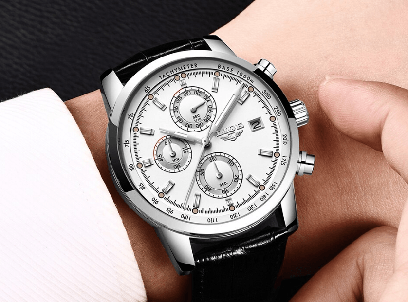 Men's Stevvex waterproof watch with white dial, date window and black leather strap on Tampa Home & Garden Store