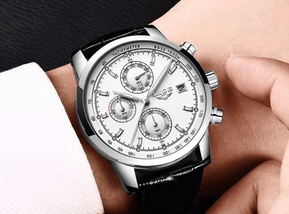 Men's Stevvex waterproof watch with white dial, date window and black leather strap on Tampa Home & Garden Store