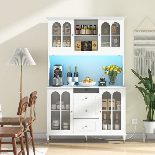 Mueble de despensa de cocina de 73 pulgadas, aparador independiente con luces LED - Blanco