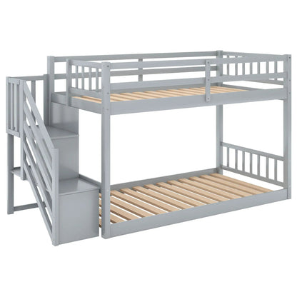 Twin Over Twin Floor Bunk Bed With Storage Ladder
