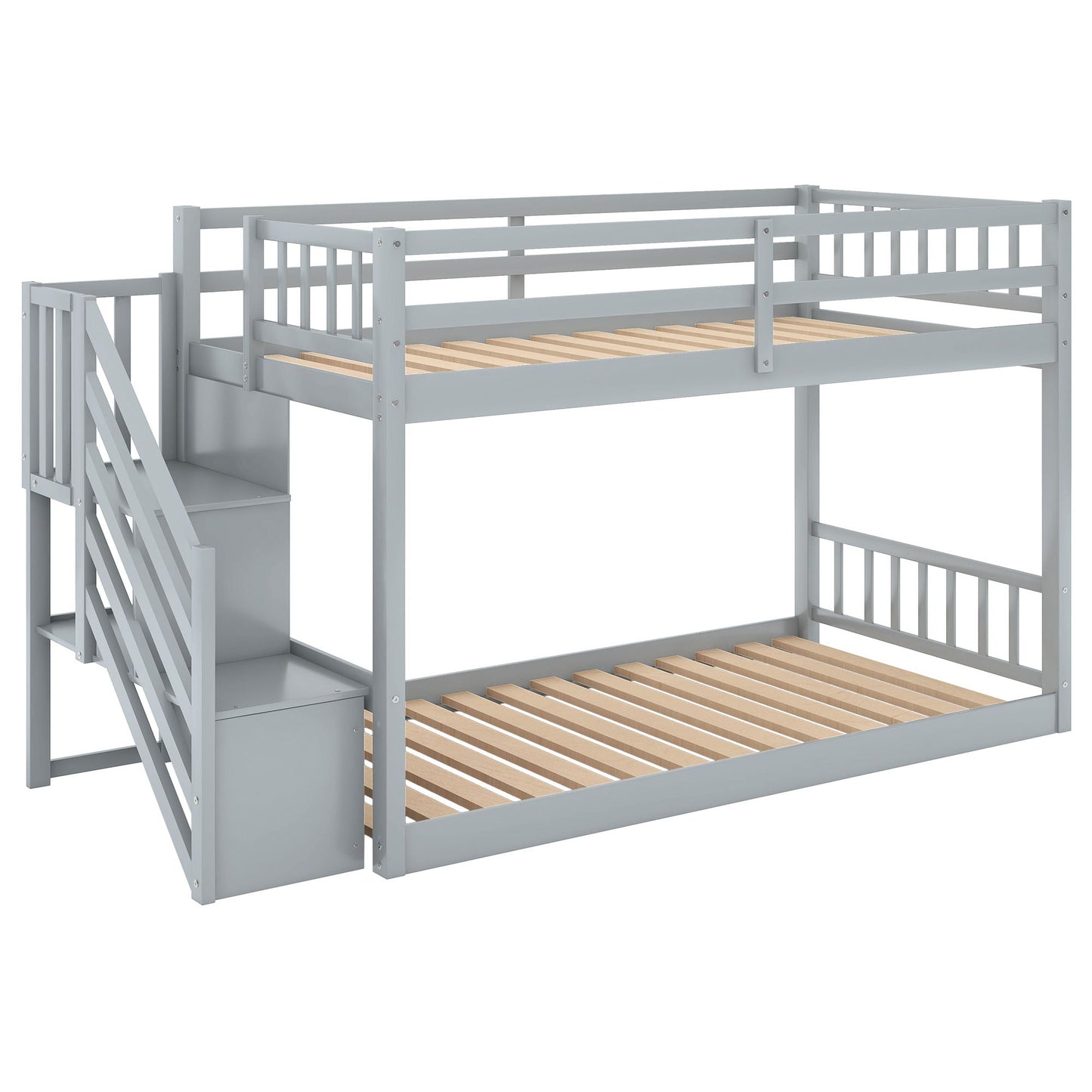 Twin over twin floor bunk bed in gray with integrated ladder and storage drawers on Tampa Home & Garden Store