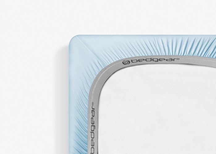 BedGear Dri-Tec crib sheet in baby blue with gray trim and visible BedGear logo on Tampa Home & Garden Store