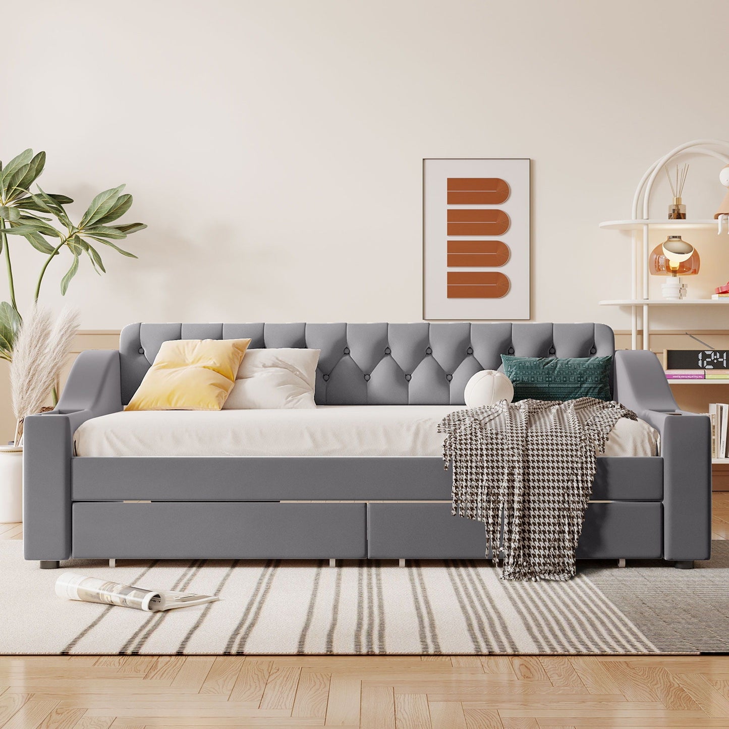 Upholstered Daybed With the Storage and Drawers