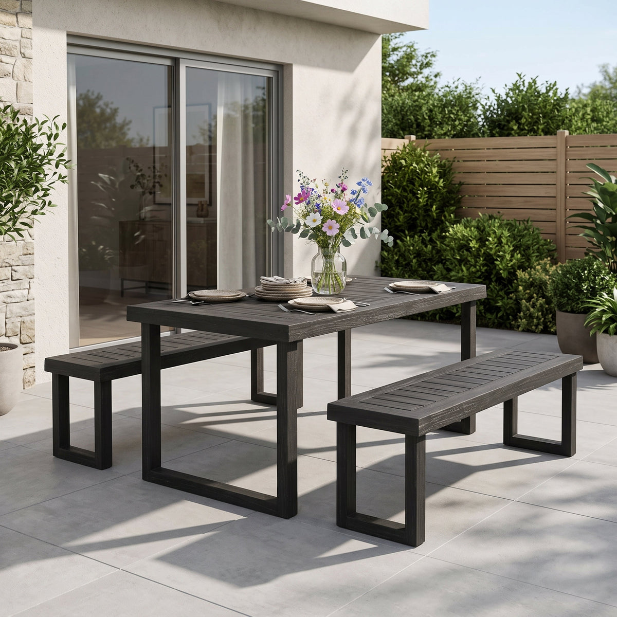 3-Piece solid acacia wood outdoor dining set in sandblast dark finish with table and two benches on Tampa Home & Garden Store
