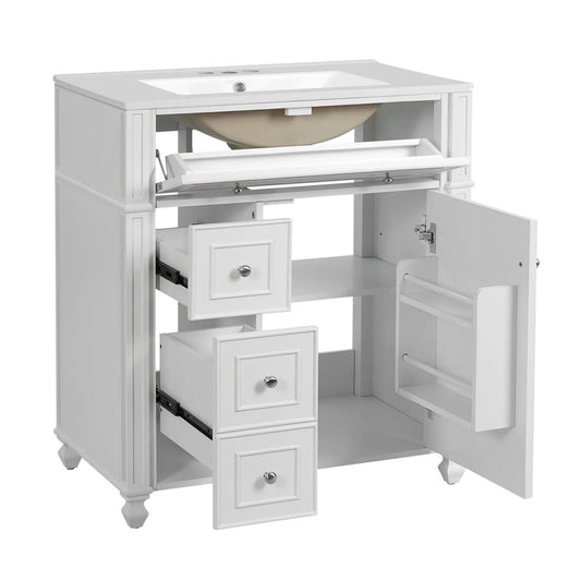 White bathroom vanity cabinet with sink, soft-close doors, door organizer, multiple drawers on Tampa Home & Garden Store
