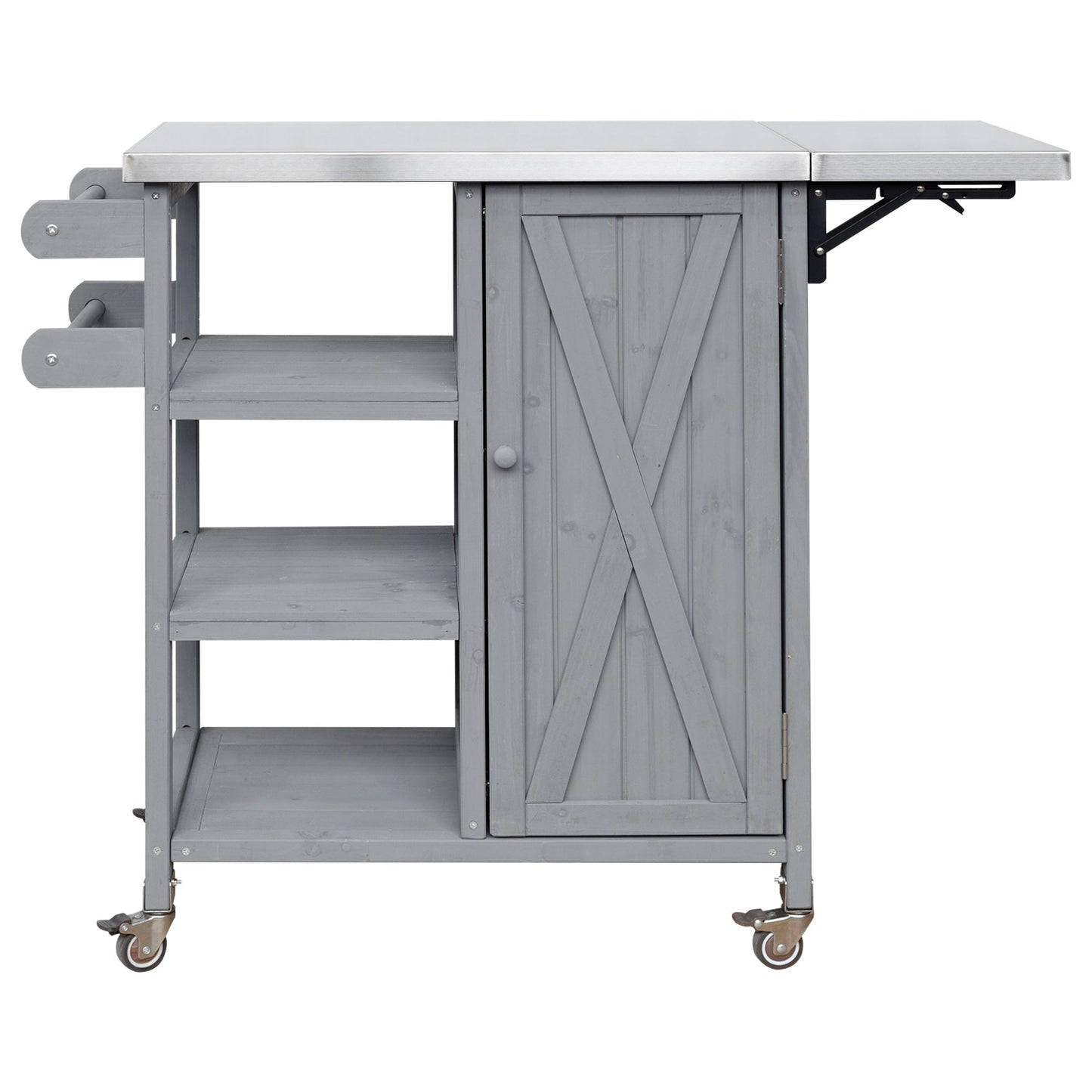 Foldable outdoor kitchen island cart in gray wood with stainless steel top and wheels on Tampa Home & Garden Store