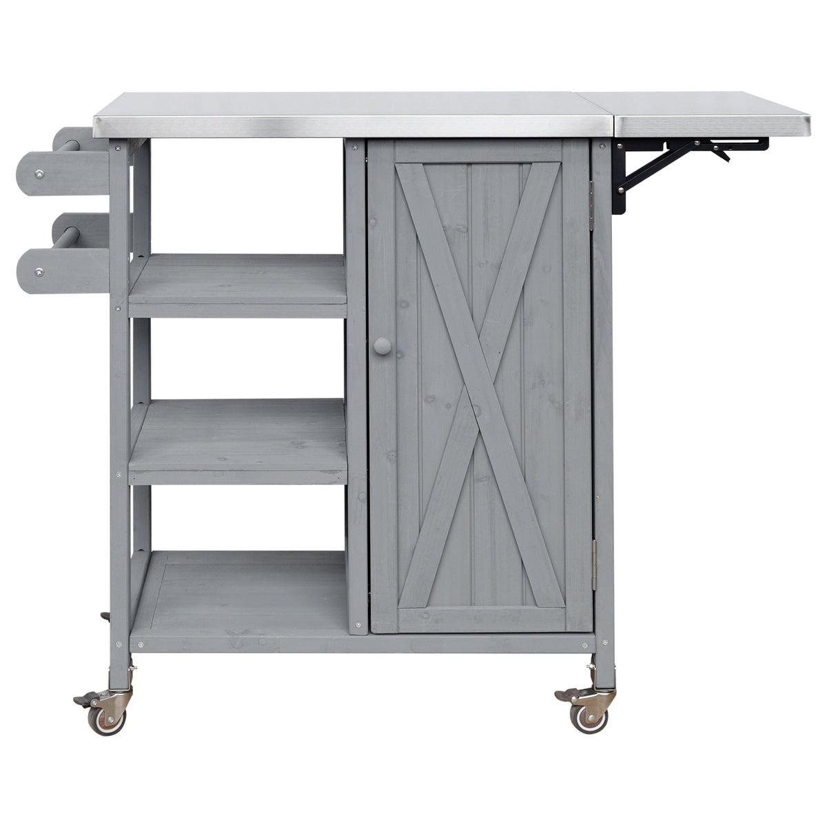 Foldable outdoor kitchen island cart in gray wood with stainless steel top and wheels on Tampa Home & Garden Store