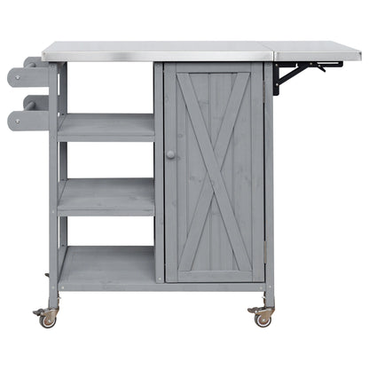Foldable outdoor kitchen island cart in gray wood with stainless steel top and wheels on Tampa Home & Garden Store