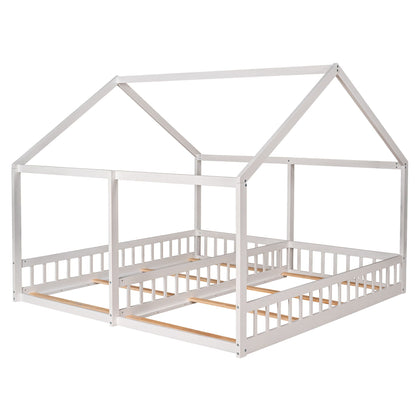 Platform bed frame for two beds by HouseOfZazla, white metal with guardrails and slat support on Tampa Home & Garden Store