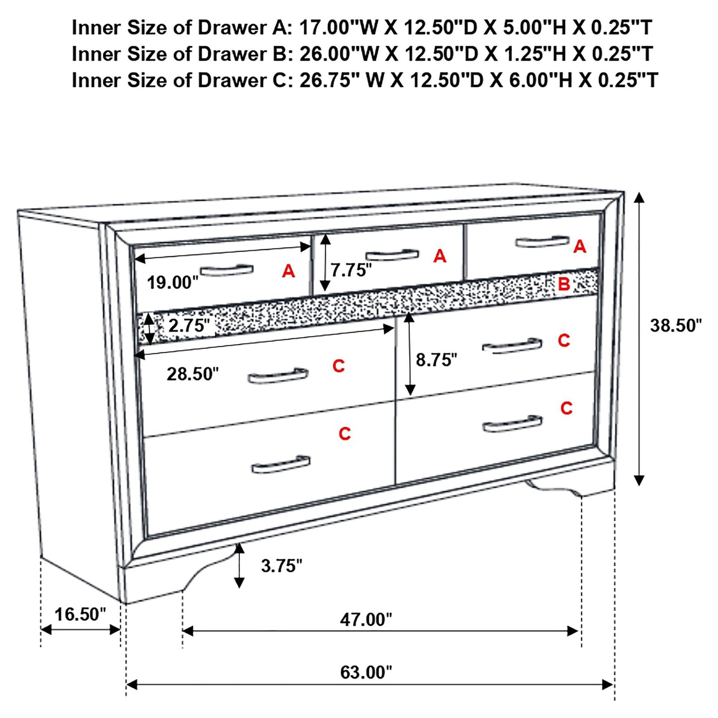 Annie 4 Piece Bedroom Set line drawing by HouseOfZazla with drawer labels A, B, C and overall 63W x 47D x 38.5H on Tampa Home & Garden Store
