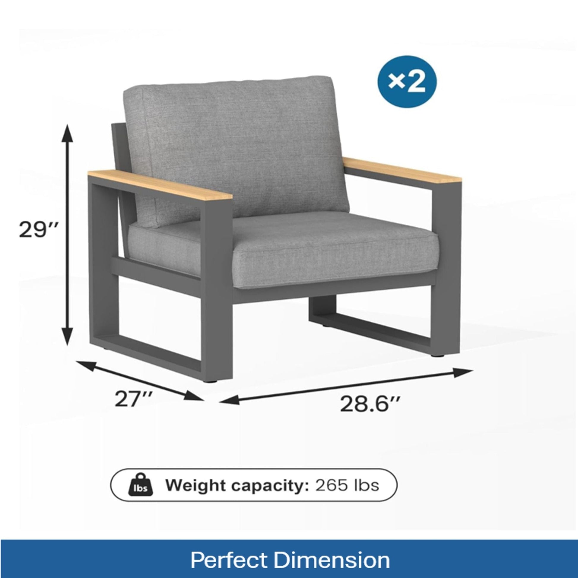 All-Weather Patio Armchairs With Thick Cushions Set of 2 in gray with wood arms on Tampa Home & Garden Store
