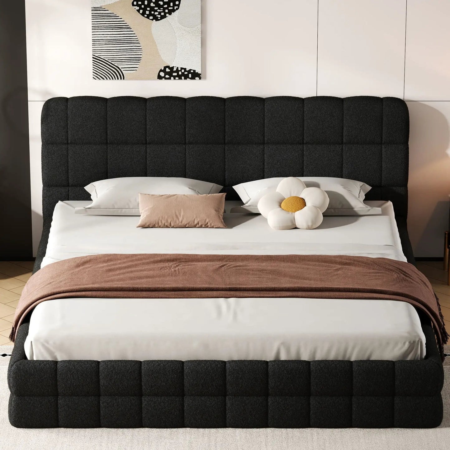Upholstered bed with tufted headboard in charcoal fabric, white bedding and pillows Unique Piece on Tampa Home & Garden Store