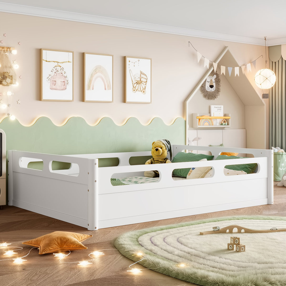 Full-size floor platform bed with full-length guardrails in white by HouseOfZazla on Tampa Home & Garden Store