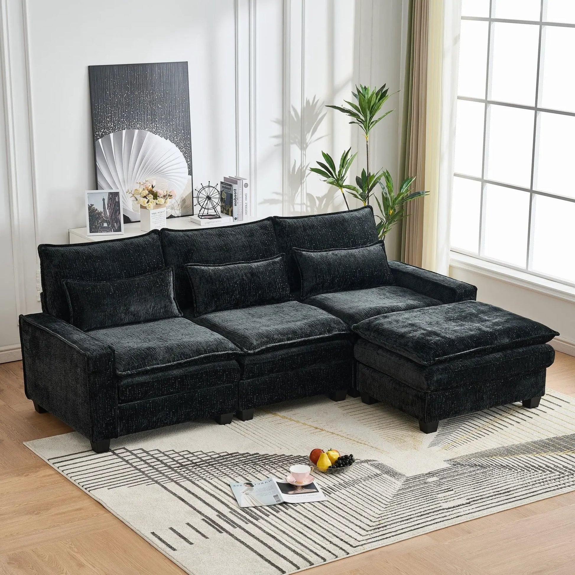 Modern L Shaped sectional sofa with movable ottoman in charcoal velvet 2pc set on Tampa Home & Garden Store