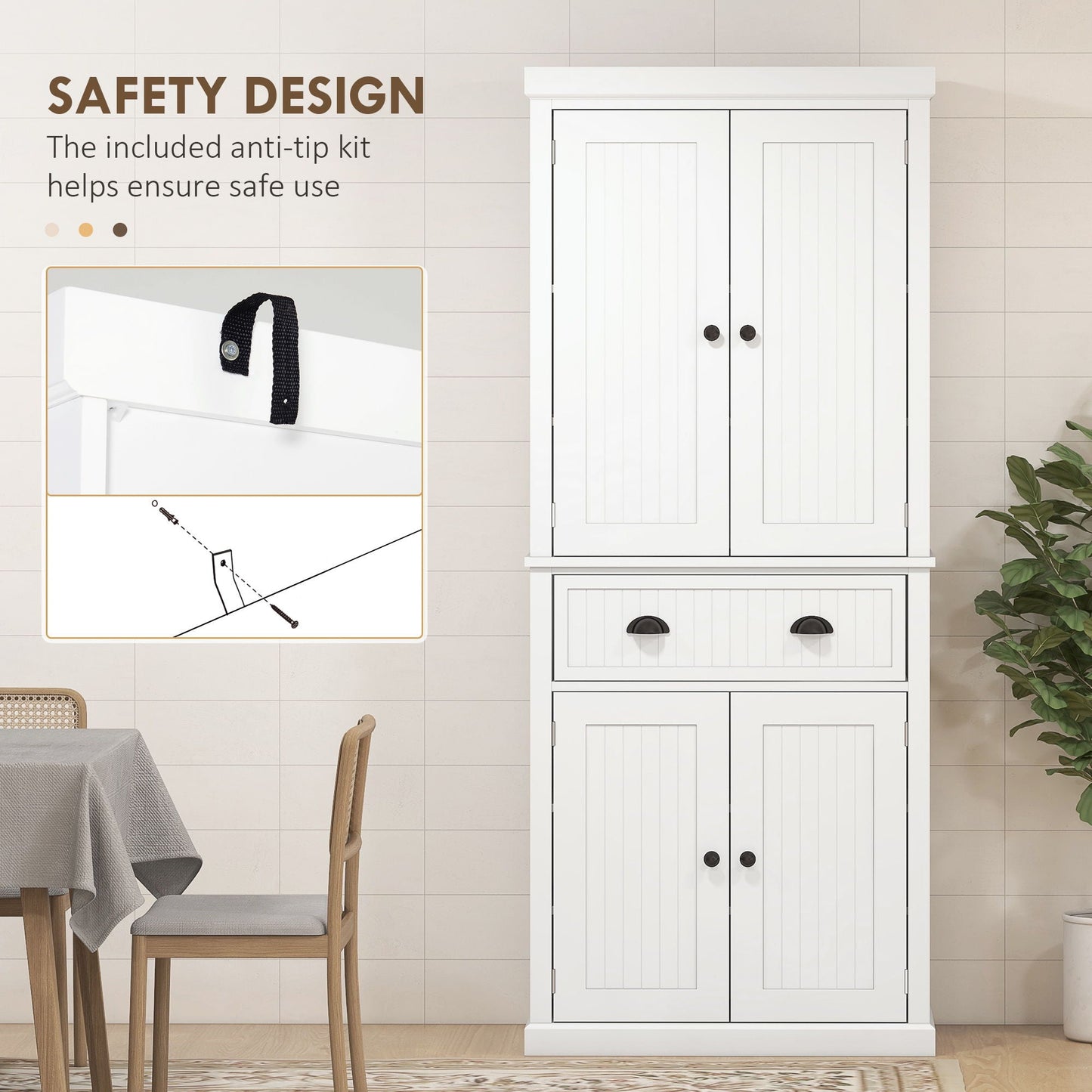 Freestanding White Kitchen Pantry and Cabinet