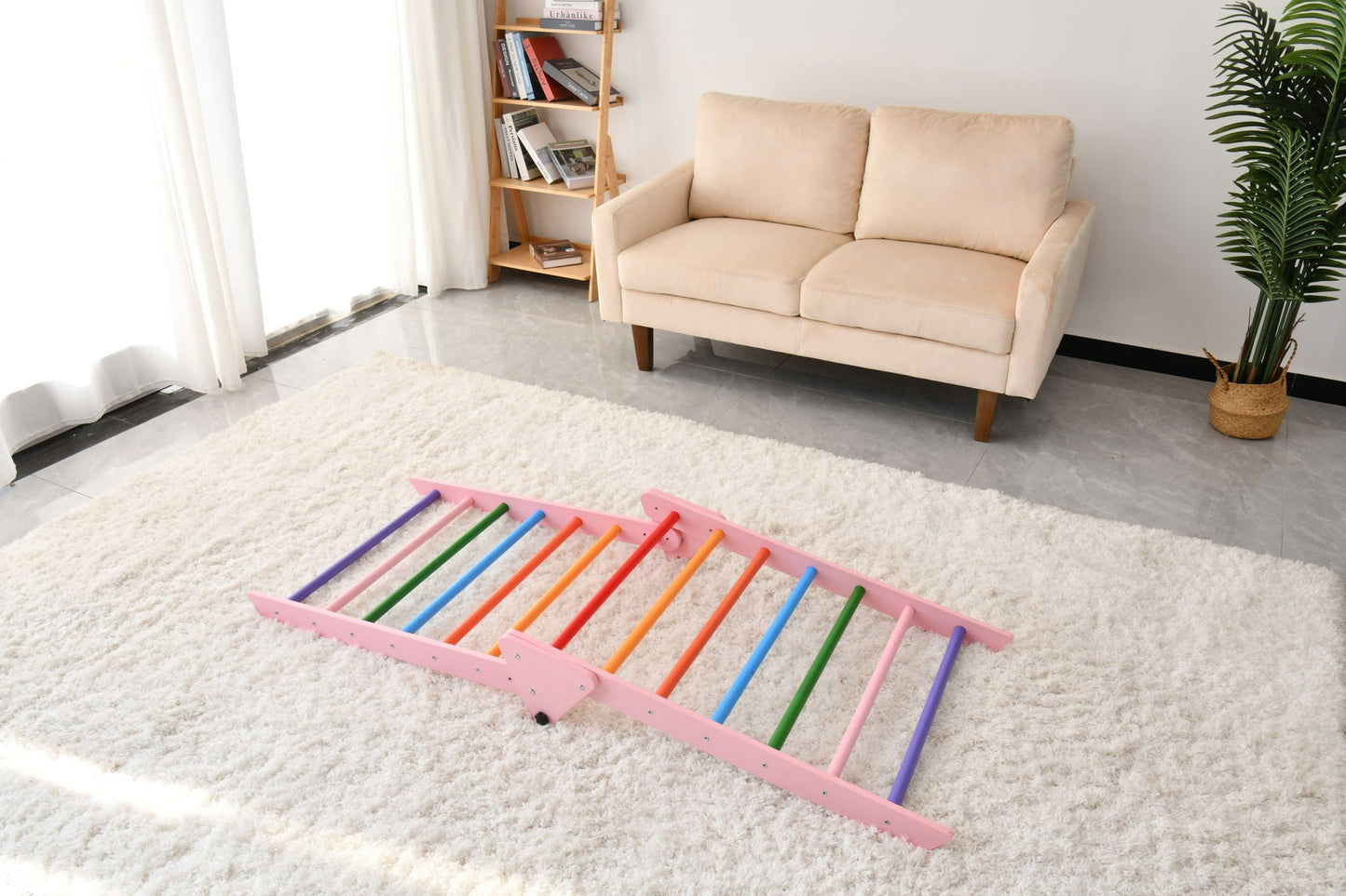 Gardenia Pikler triangle set, 2-piece climbing toy with pink frame and multicolor rungs on Tampa Home & Garden Store