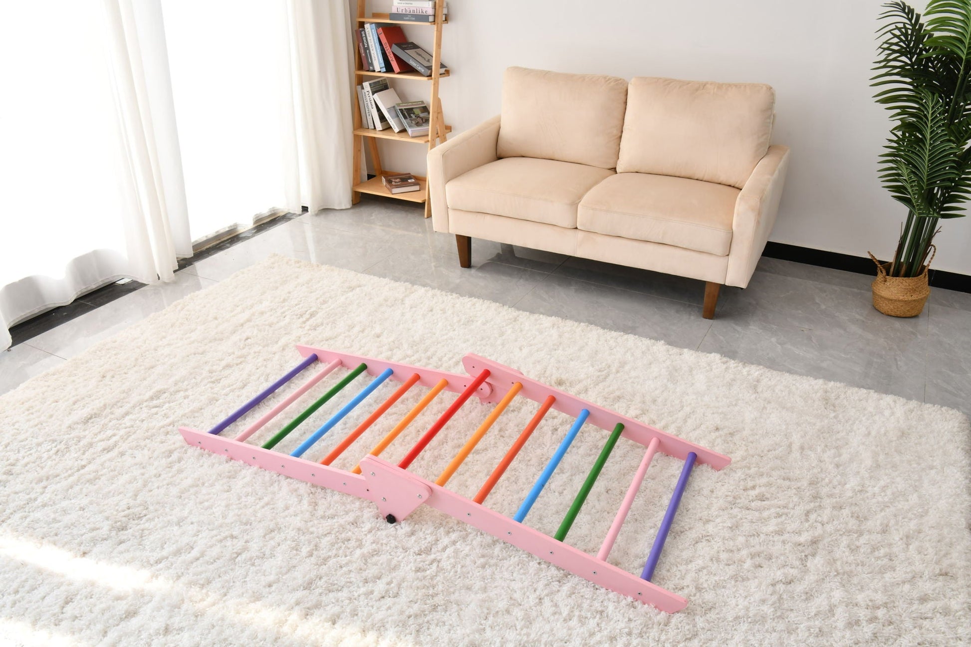 Gardenia Pikler triangle set, 2-piece climbing toy with pink frame and multicolor rungs on Tampa Home & Garden Store