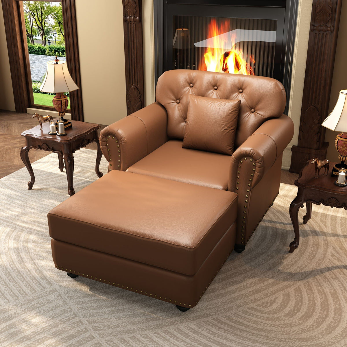 Upholstered Sofa with Nailhead and Ottoman