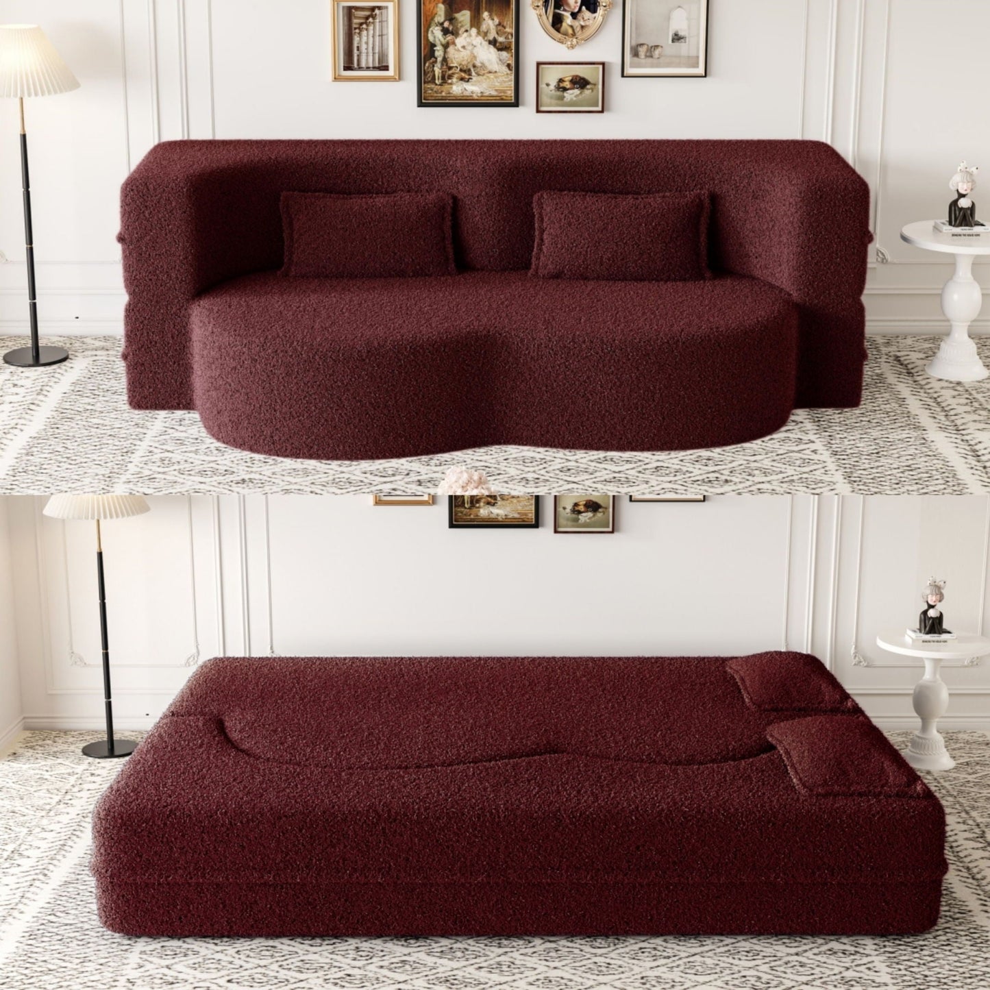 Modern floor futon sofa burgundy teddy fabric foam-filled pillows convertible bed HouseOfZazla on Tampa Home & Garden Store