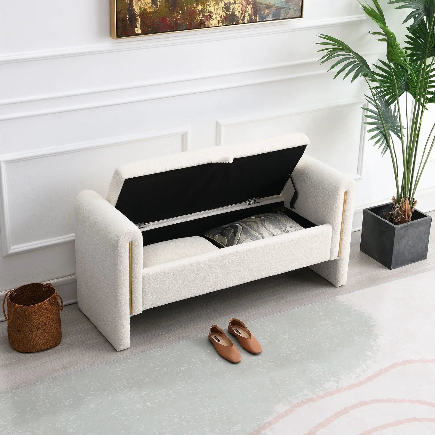 Bed End Bench with Arms in white teddy upholstery, storage under seat, Unique Piece Furniture on Tampa Home & Garden Store