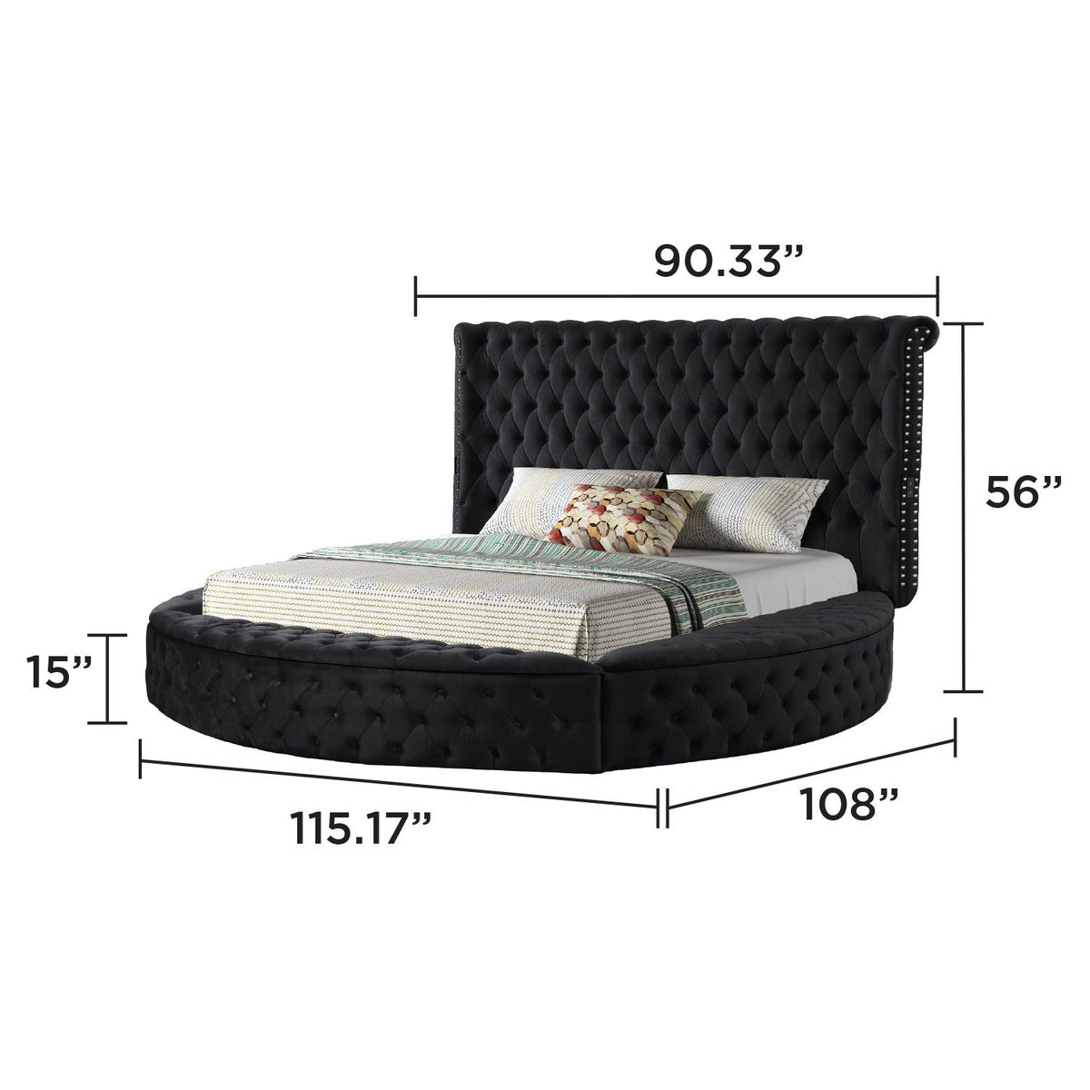 Hazel storage bed by HouseOfZazla in black tufted velvet with tall studded headboard and round platform base on Tampa Home & Garden Store