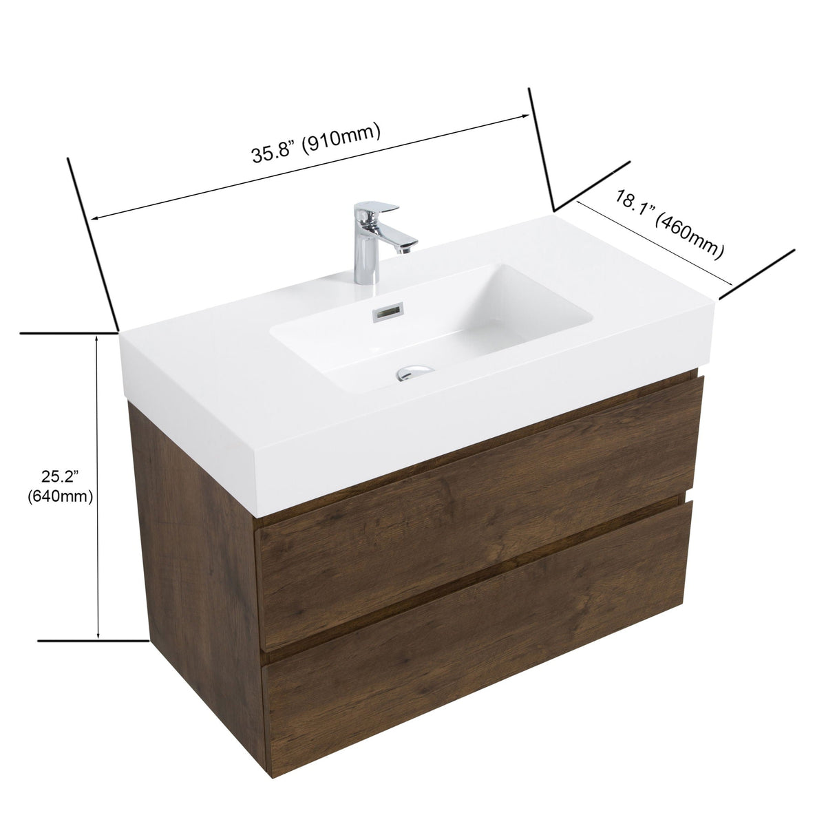 Alice wall-mounted bathroom vanity with integrated sink, white countertop and wood base on Tampa Home & Garden Store
