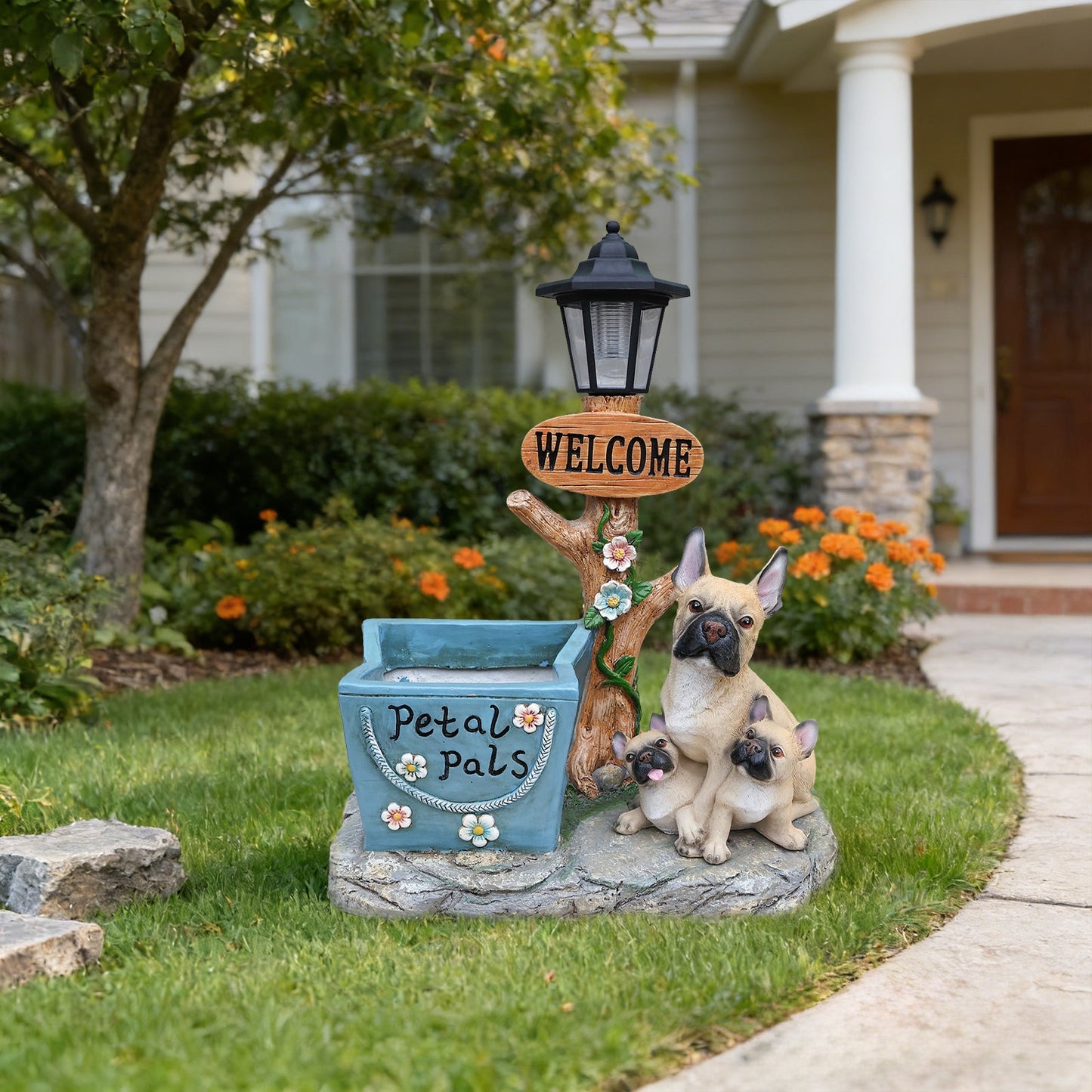 French Bulldog Family Planter Statue by HouseOfZazla, garden sculpture with welcome sign on Tampa Home & Garden Store