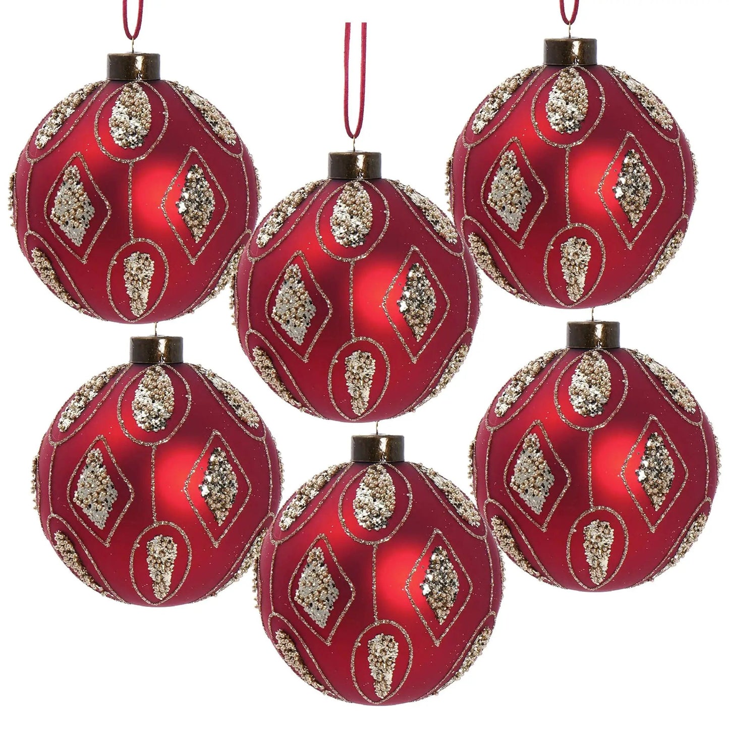 Christmas ball ornament set of six red with gold beaded diamond motifs by Unique Piece Furniture on Tampa Home & Garden Store