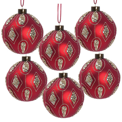 Christmas ball ornament set of six red with gold beaded diamond motifs by Unique Piece Furniture on Tampa Home & Garden Store