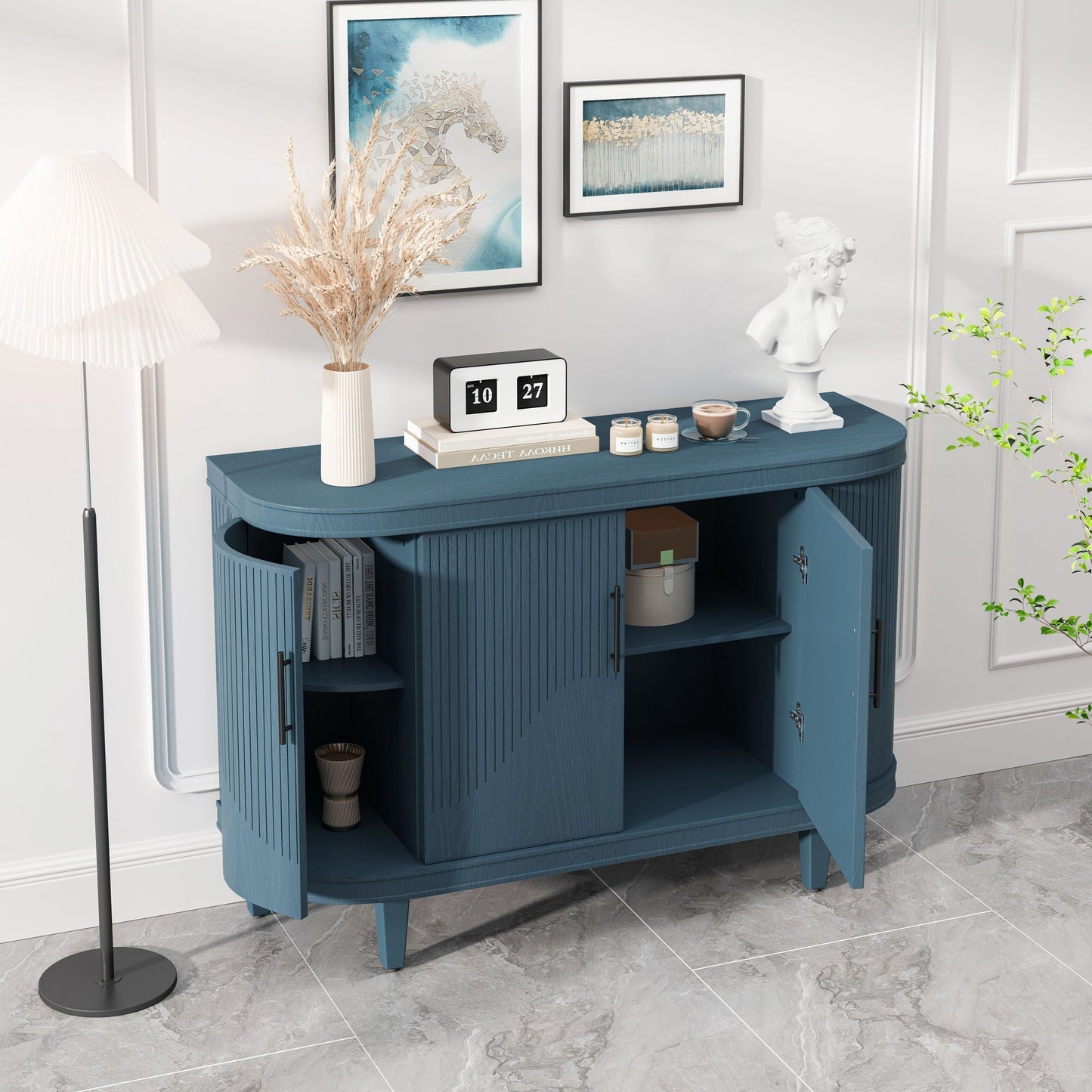 Curved blue wooden sideboard with 4 doors and adjustable shelves by HouseOfZazla on Tampa Home & Garden Store