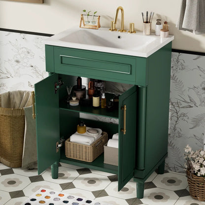 Bathroom vanity with integrated sink on green cabinet, 2-door storage, gold faucet on Tampa Home & Garden Store