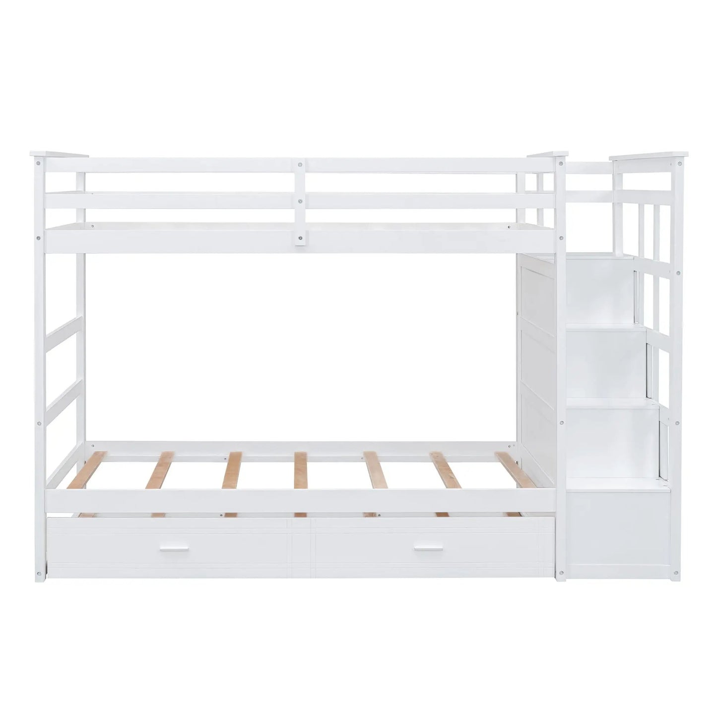 Twin over twin white bunk bed by Unique Piece Furniture with built-in staircase and storage drawers on Tampa Home & Garden Store
