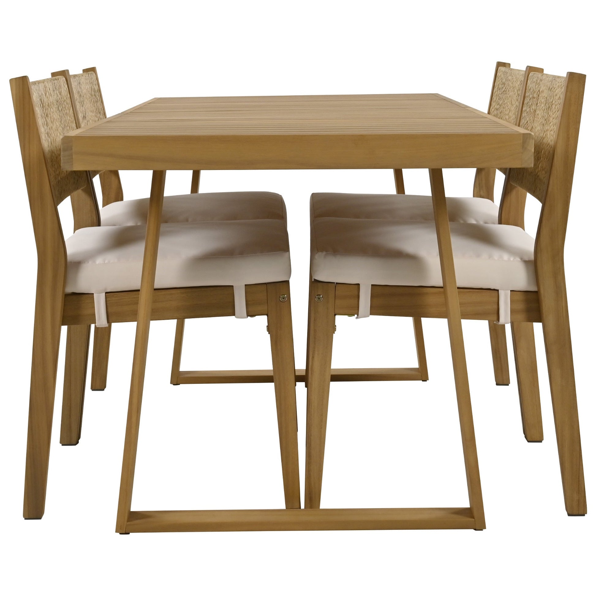 U_Style multi-person outdoor acacia wood dining table and chair set with cushioned seats on Tampa Home & Garden Store