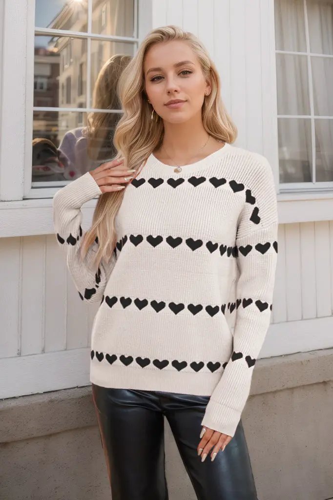 Valentine's Day Love Pullover Women's Knitwear cream knit sweater with black heart stripes on Tampa Home & Garden Store